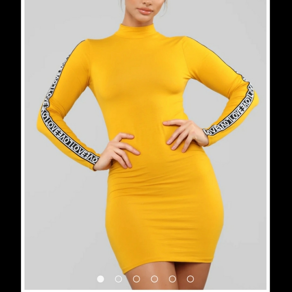 Fashion Nova Yellow Mock Neck LOVE Midi Dress